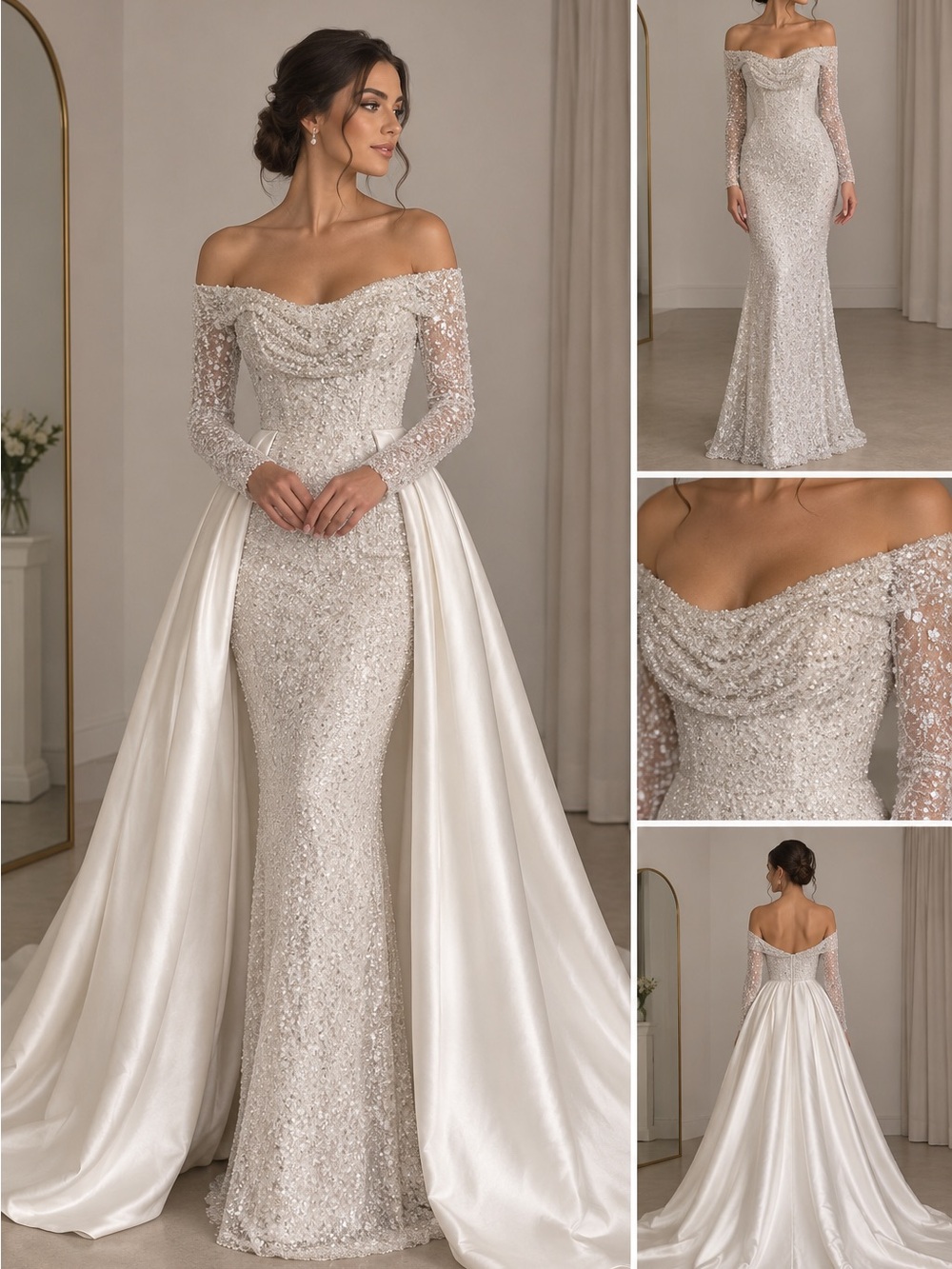 Elegant Off-Shoulder Beaded Mermaid Dress with Detachable Train - White